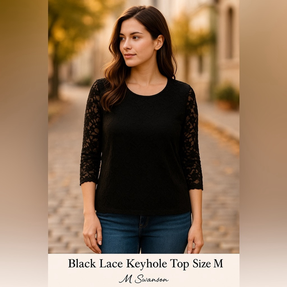 Black Lace Keyhole Top with 3/4 Sleeves – Size M (NWOT) by RD Style